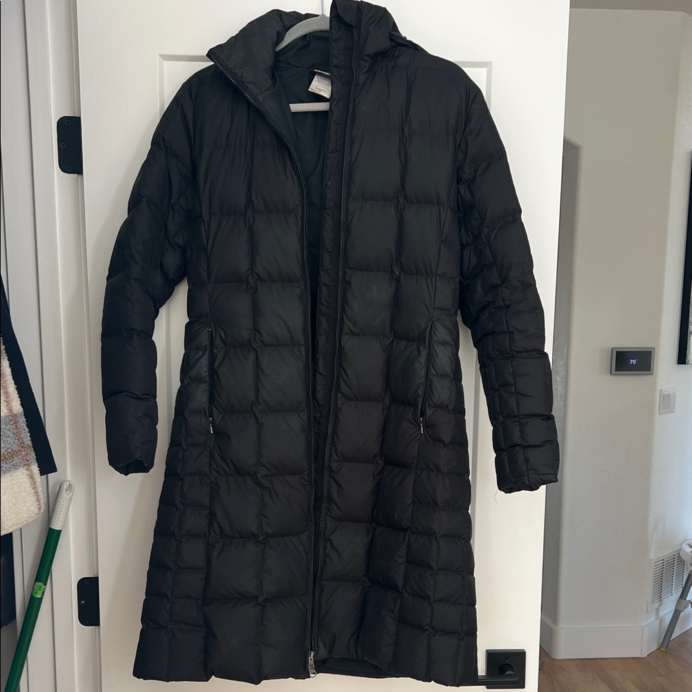 Patagonia Women’s Long Black Puffer Coat with Hood